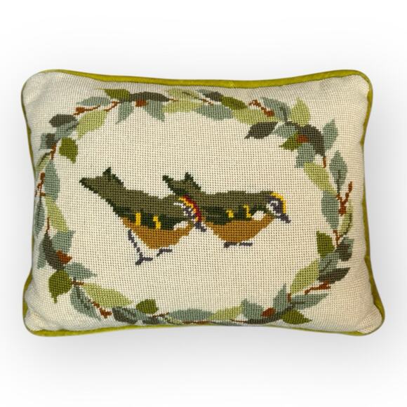 Bird Floral Needlepoint Throw Pillow 10x13” Yellow Velvet Cottagecore Vintage - Picture 1 of 5